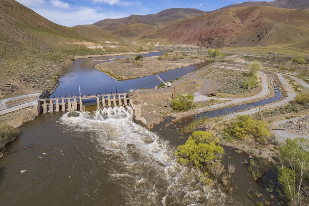 An aerial photograph showing the full Derby Dam installation