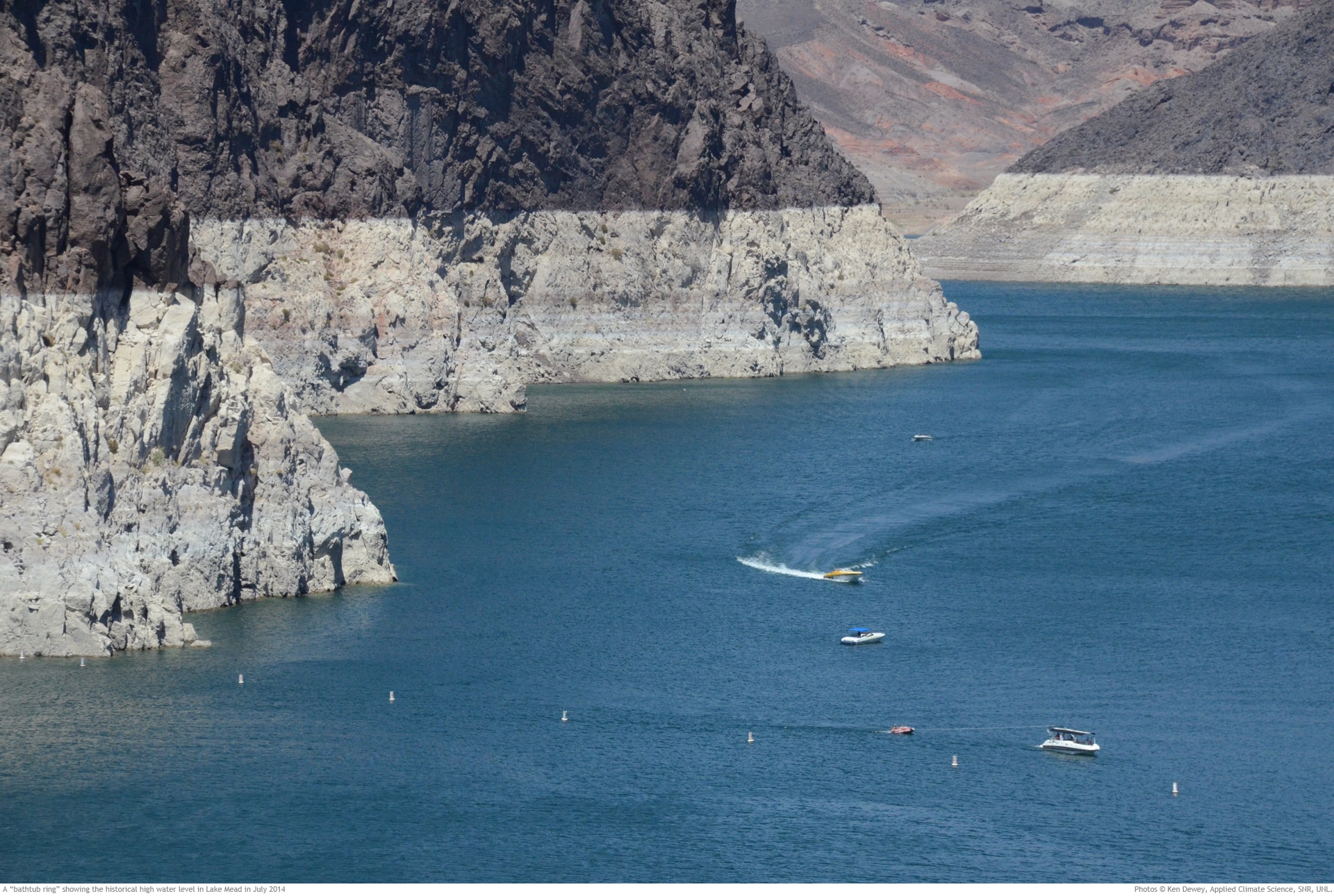 An image of Lake Mead in July showing significant drops in water levels