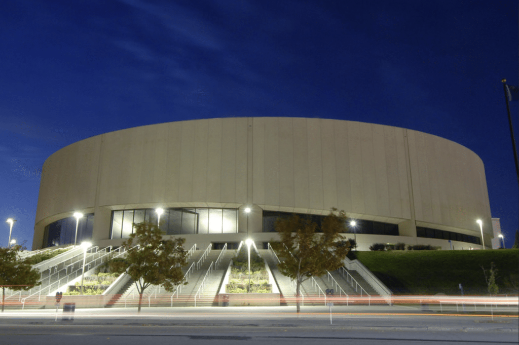 A photograph of the Lawlor Events Center at the University of Nevada, Reno, during night.