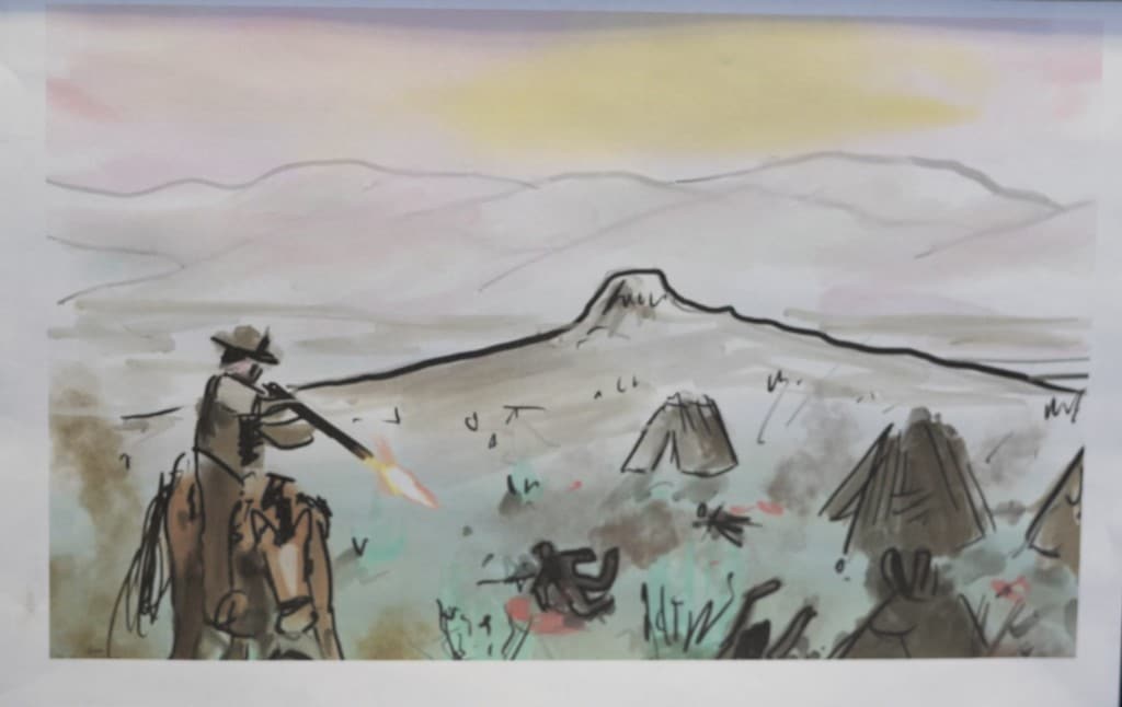 A painting depicting a massacre of native peoples from white settlers on horseback