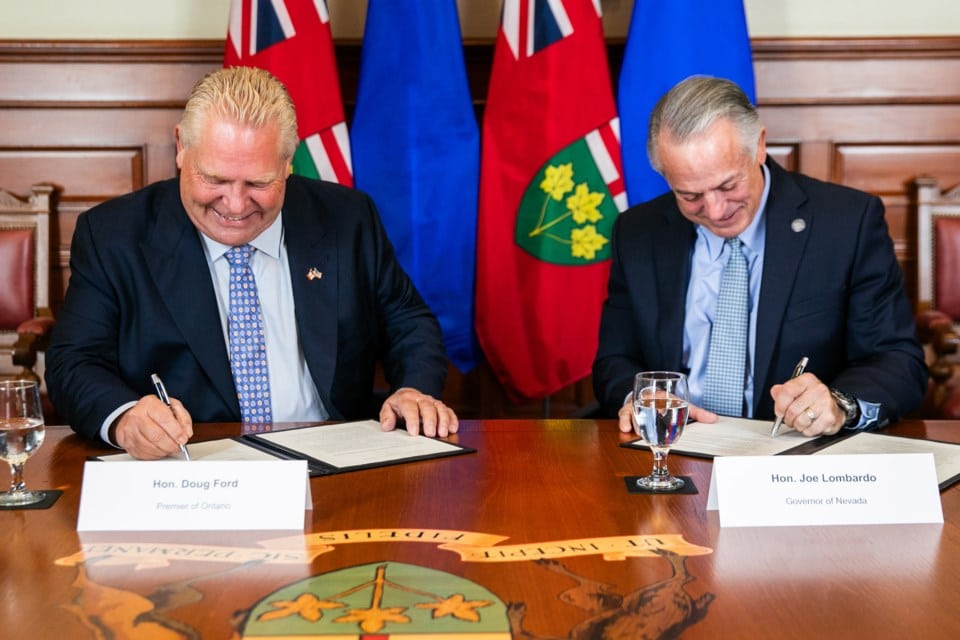 Ontario Premier Doug Ford and Nevada Governor Joe Lombardo sign a memorandum of understanding related to mining.