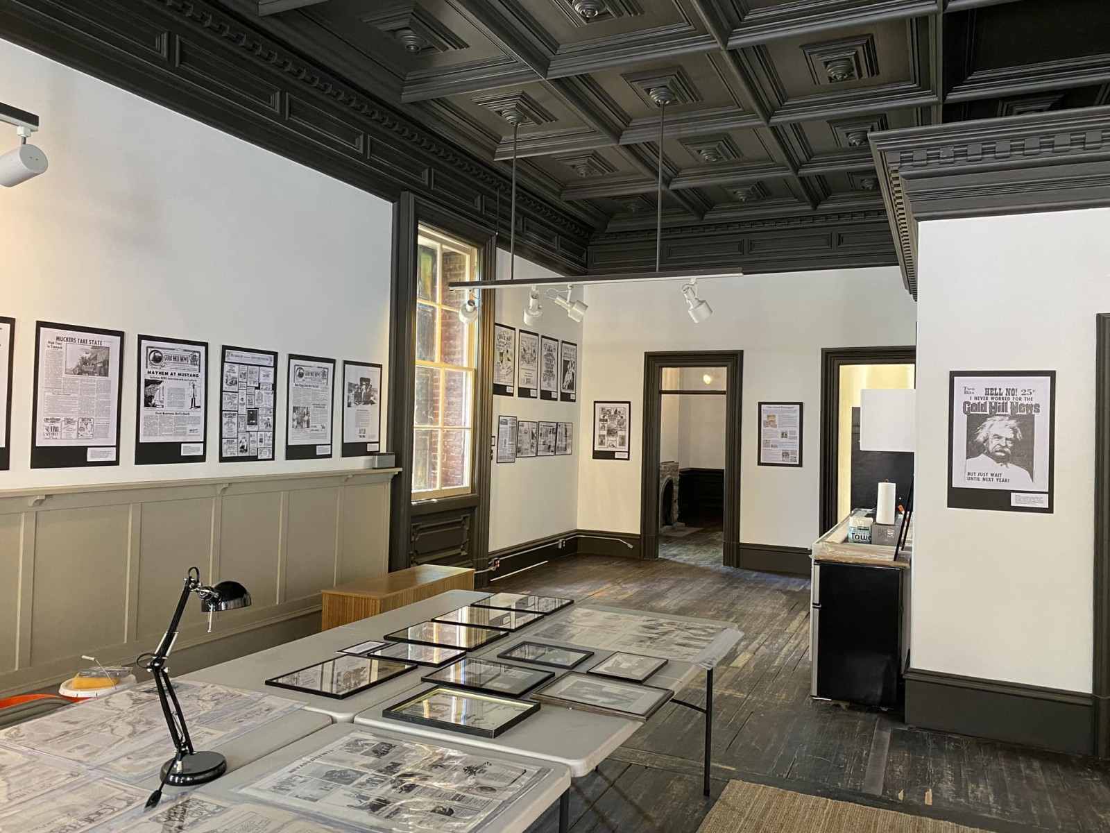 News clippings fill an historic building.